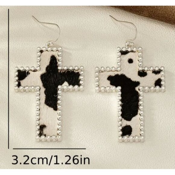 Cow Print Cross Earrings With Silver Bead Detailing NEW - Picture 2 of 3